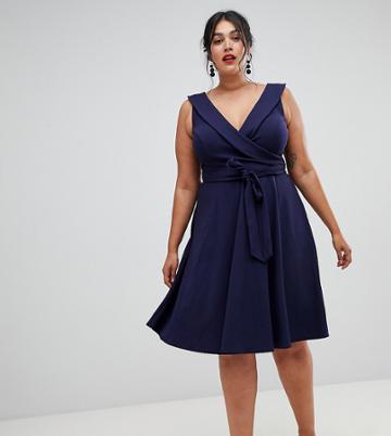 City Goddess Plus Wrap Front Skater Midi Dress - Navy