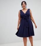 City Goddess Plus Wrap Front Skater Midi Dress - Navy