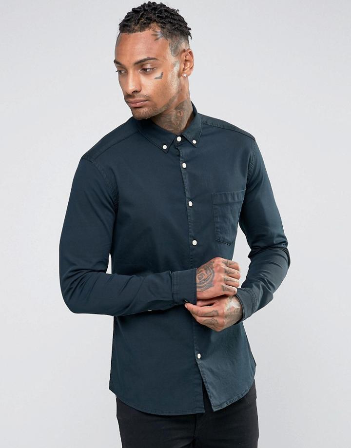 Asos Skinny Denim Shirt With Overdye In Black - Black