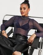 Na-kd Long Sleeve High Neck Top In Navy Glitter Mesh-multi