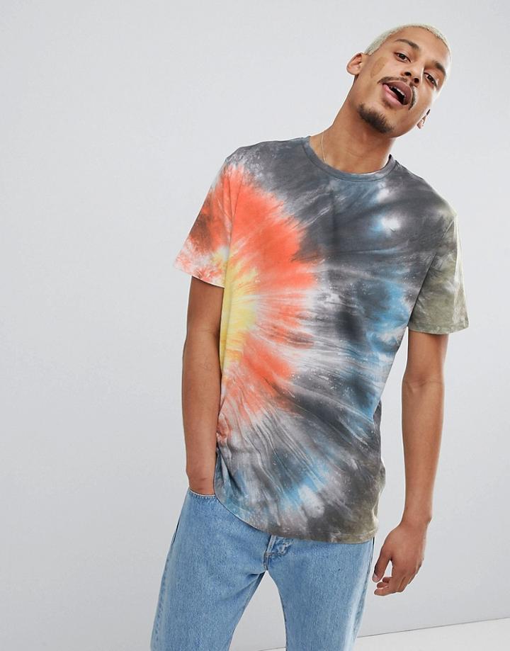 Asos Design Relaxed Longline T-shirt With Off Center Bright Tie Dye - Multi
