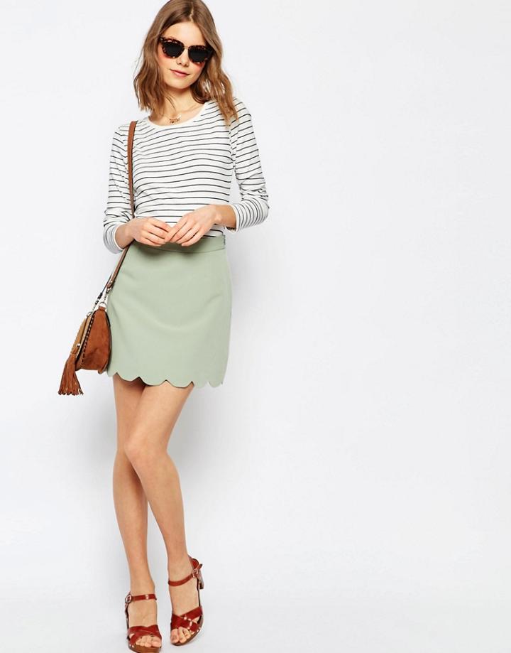 Asos A-line Mini Skirt With Scallop Hem - Sage