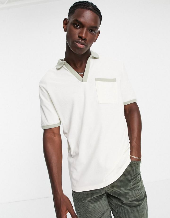 Asos Design Relaxed Pique Deep V Polo In Off White With Contrast Trims-neutral