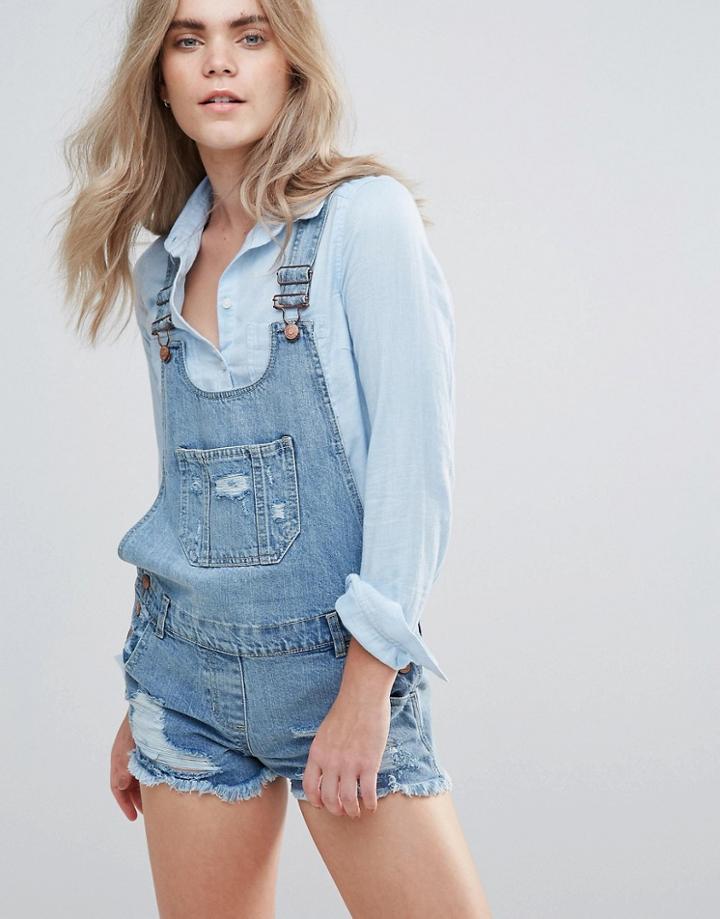 Parisian Distressed Denim Short Overalls - Blue