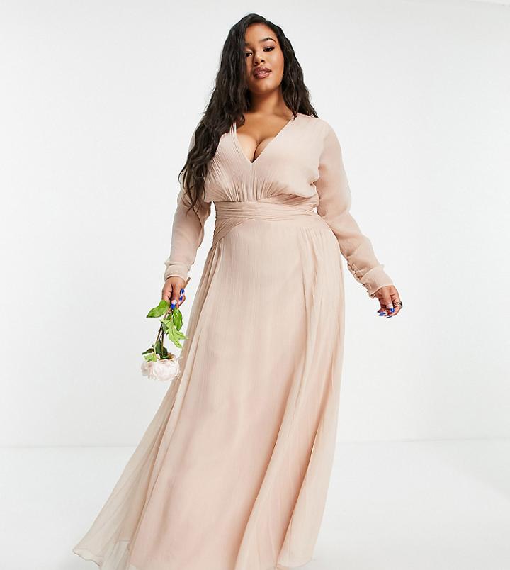 Asos Design Curve Bridesmaid Ruched Waist Maxi Dress With Long Sleeves And Pleat Skirt In Blush-pink