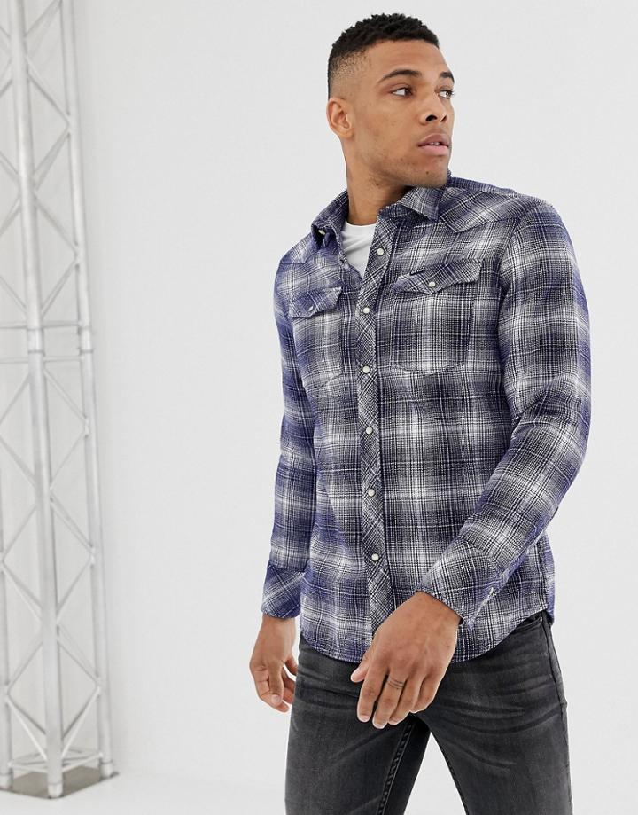G-star Washed Check Shirt In Blue And Off White