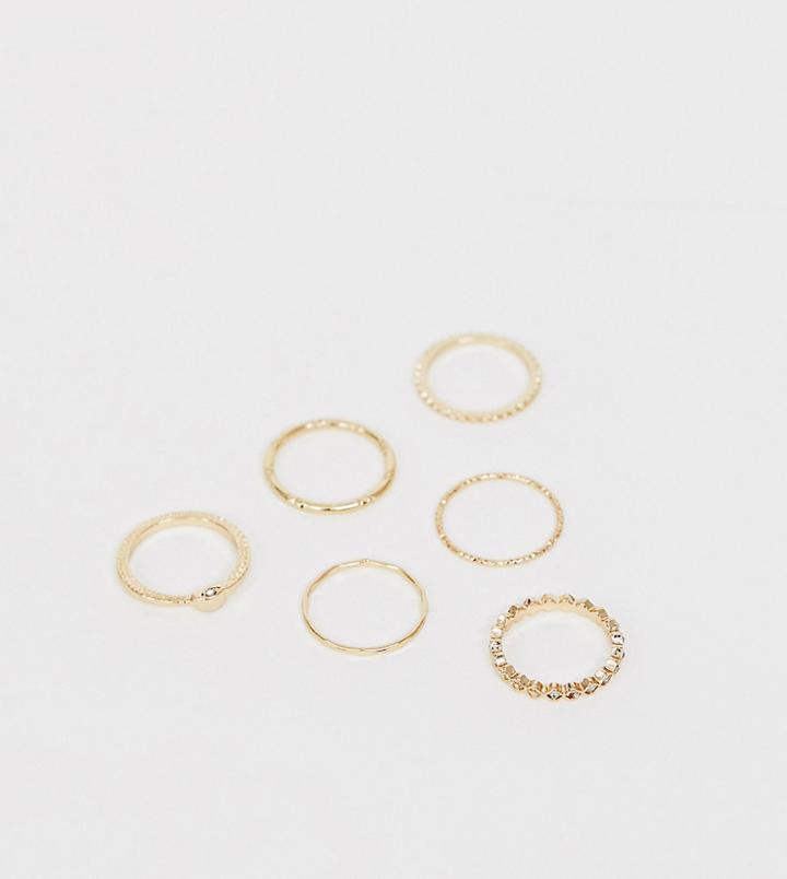 Asos Design Curve Pack Of 6 Rings In Diamond Shape And Engraved Design With Crystals In Gold