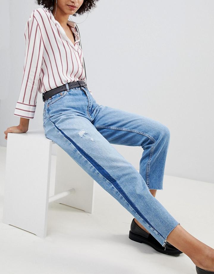 Bershka Side Stripe And Distressed Mom Jean - Blue