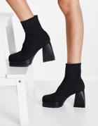 Ego Malayah Chunky Heeled Boots In Black Knit