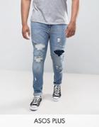 Asos Plus Super Skinny Jeans With Rips In Mid Wash - Blue