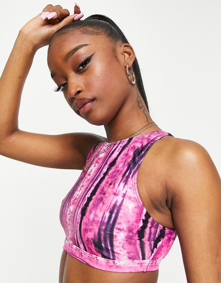 Luxe Palm High Neck Bikini Top In Purple Tie Dye