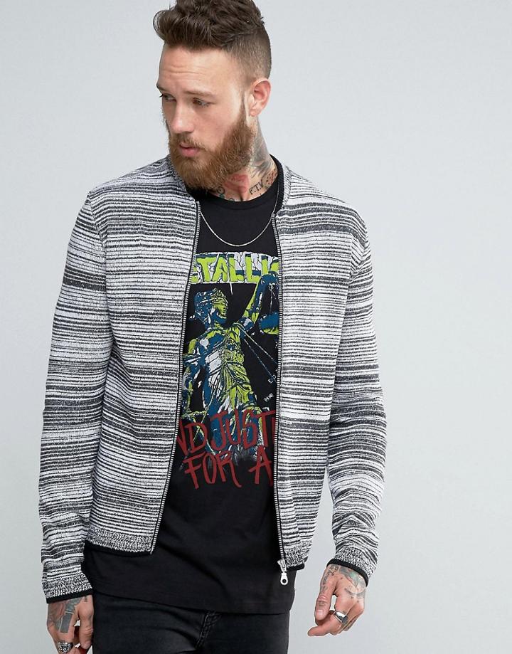 Asos Knitted Bomber Jacket With Feeder Stripe In Muscle Fit - Gray