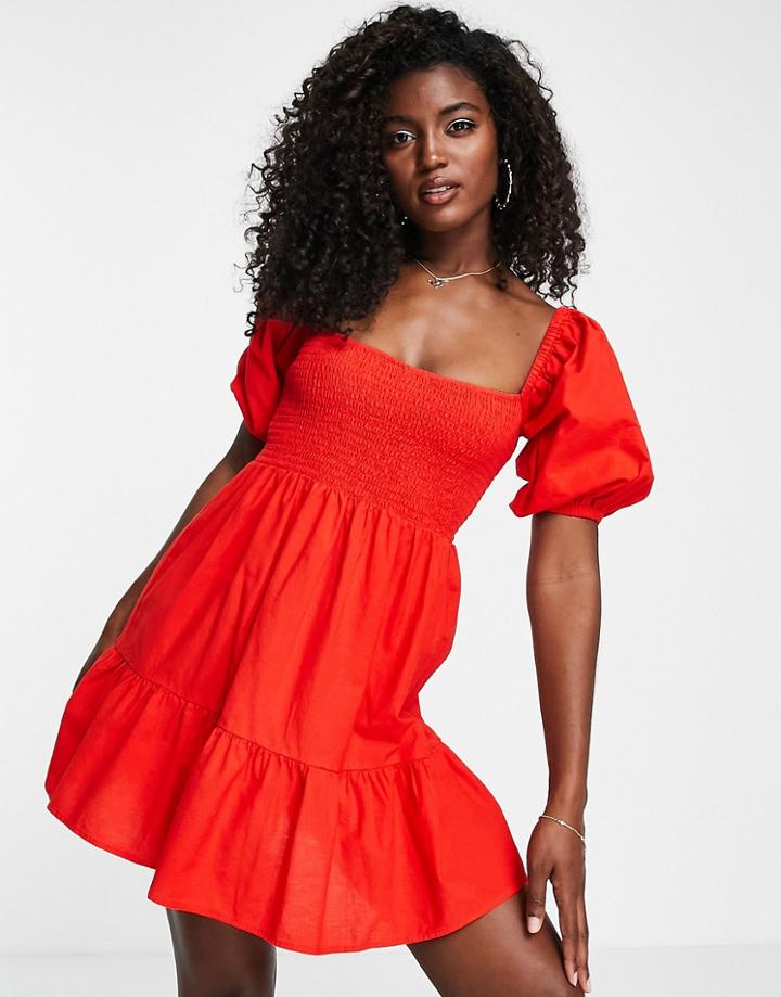 Miss Selfridge Linen Look Shirred Mini Dress In Red