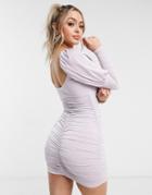 Asos Design Slinky Long-sleeve Ruched Mini Dress In Lilac-purple