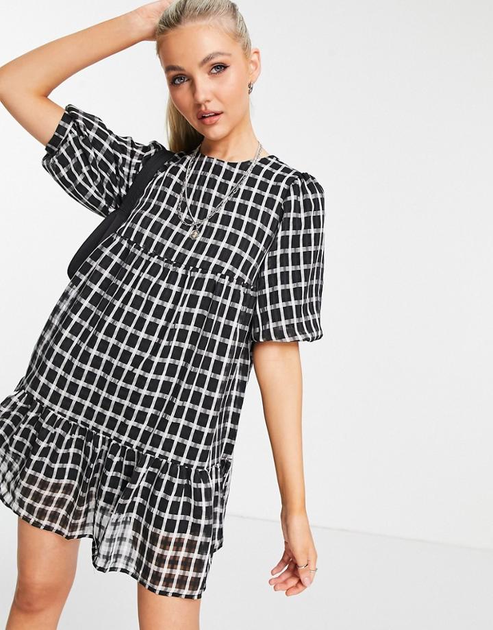 New Look Puff Sleeve Smock Mini Dress In Black Check