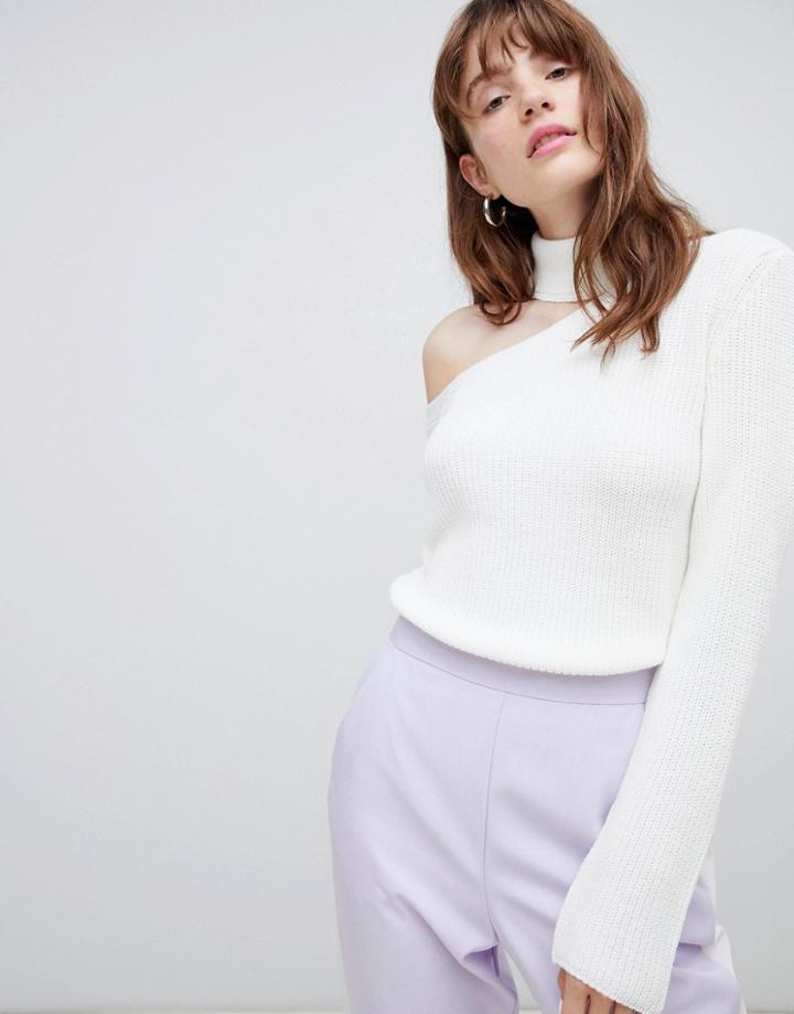 Asos Design Sweater With Aysmmetric Cut Out And High Neck - Cream