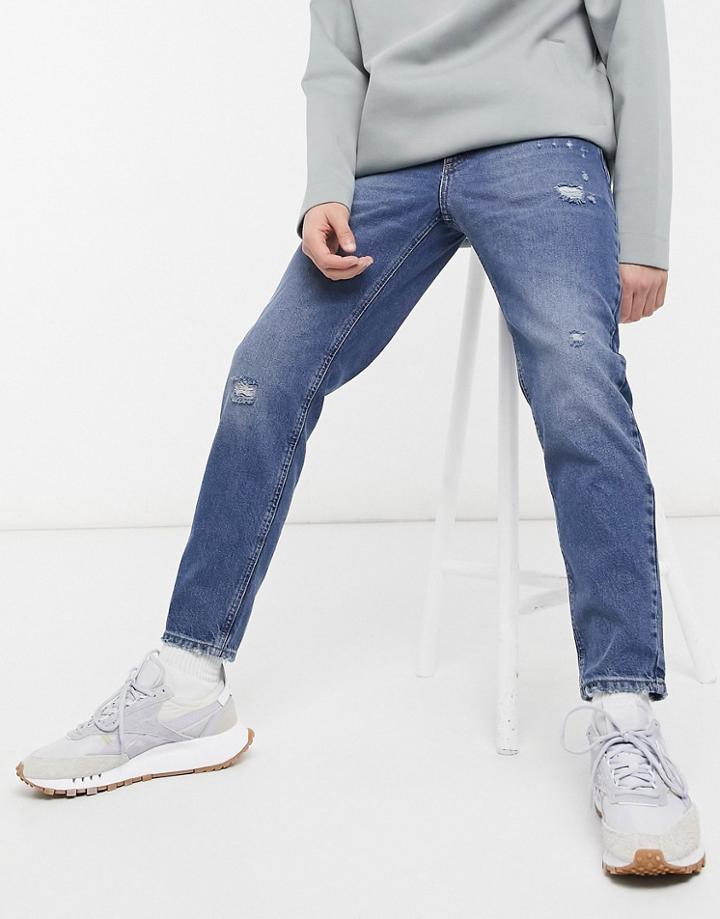 Asos Design Classic Rigid Jeans In Distressed Vintage Mid Wash-blues