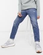 Asos Design Classic Rigid Jeans In Distressed Vintage Mid Wash-blues