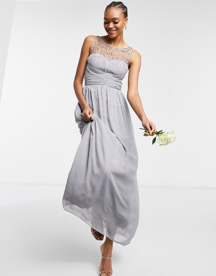 Little Mistress Bridesmaid Chiffon Maxi Dress With Pearl Embellishment In Gray-grey
