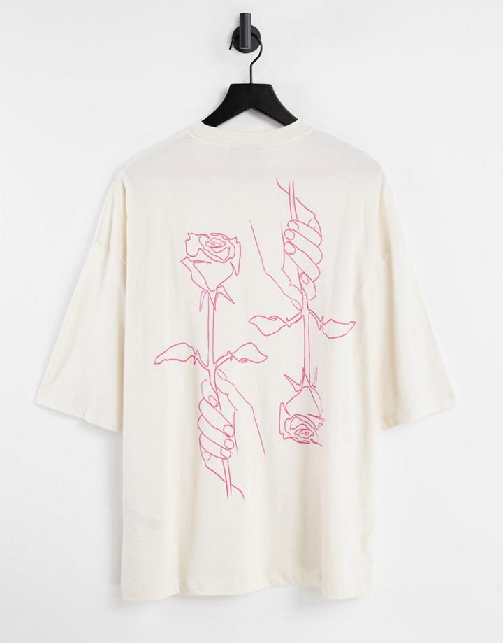 Asos Design Oversized Unbleached T-shirt With Line Drawing Back Print-white