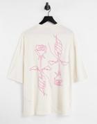 Asos Design Oversized Unbleached T-shirt With Line Drawing Back Print-white