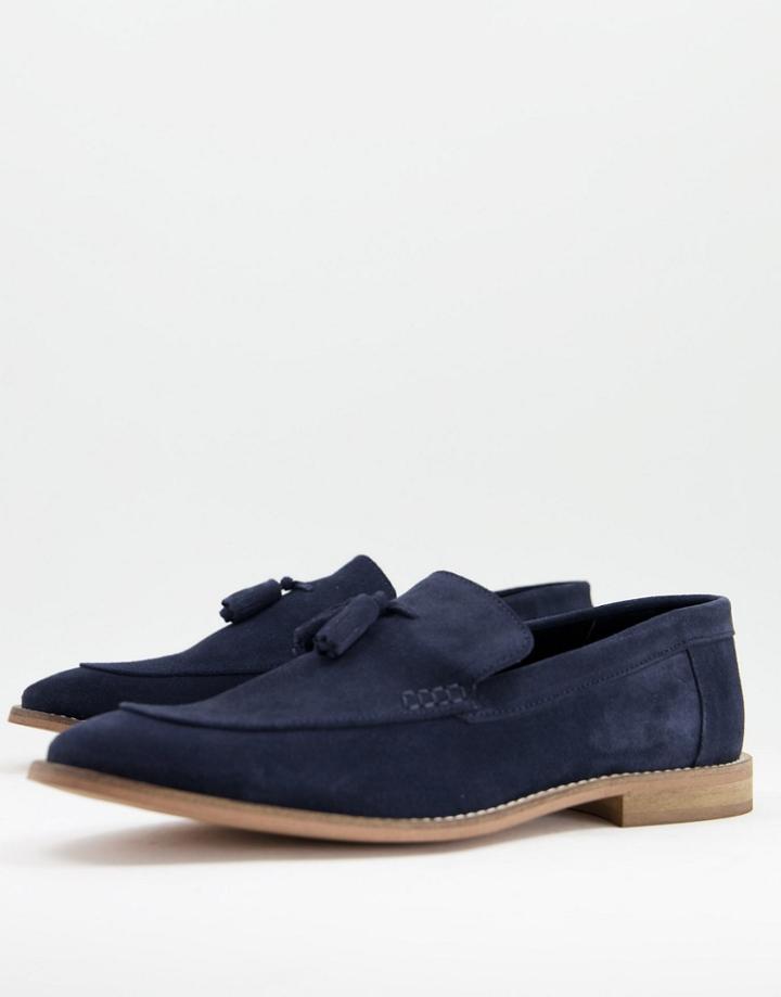 Asos Design Loafers In Navy Suede With Tassel On Natural Sole