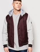 Native Youth Contrast Sleeve Hooded Bomber Jacket - Red