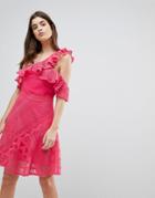 Three Floor One Shoulder Frill Lace Dress - Pink