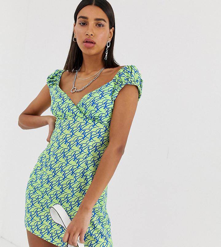 Reclaimed Vintage Inspired Tea Wrap Front Dress In Logo Print-green