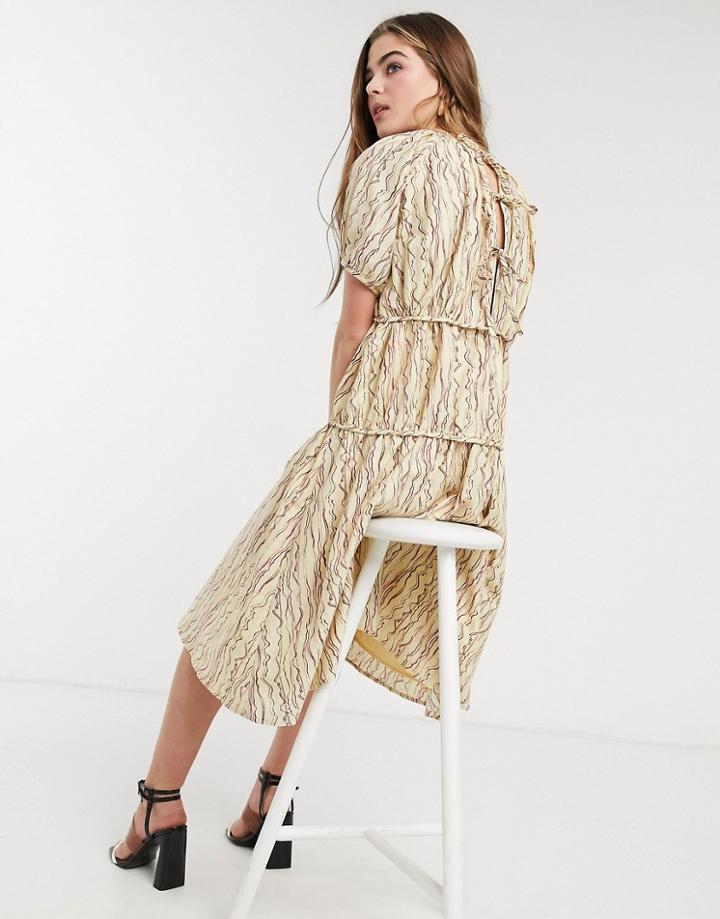 Lost Ink Midi Smock Dress With Volume Tiers In Abstract Squiggle Print-neutral