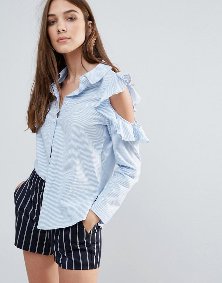 Influence Ruffle Cold Shoulder Shirt - Blue