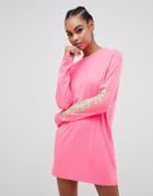 Boohoo Slogan T-shirt Mini Dress With Long Sleeves In Neon Pink - Pink