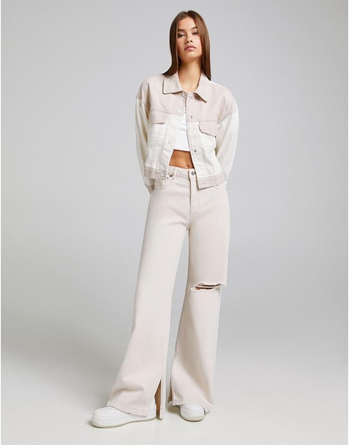 Bershka Wide Leg Pants With Knee Rip In Beige-neutral