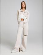 Bershka Wide Leg Pants With Knee Rip In Beige-neutral