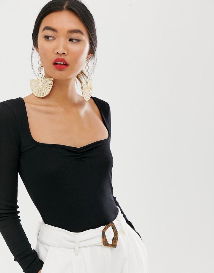 Whistles Sweatheart Gather Front Rib Top-black