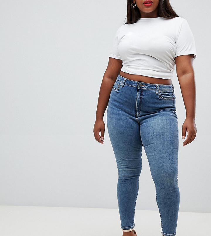 Asos Design Curve Ridley High Waist Skinny Jeans In Tana Extreme Mid Wash - Blue