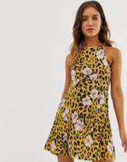 Asos Design Mini Square Neck Skater Sundress In Animal Floral-multi