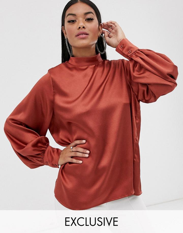Pretty Lavish High Neck Top With Balloon Sleeves-orange