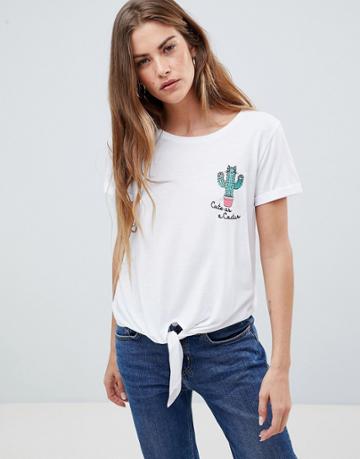 Sugar Dust Tie Front T Shirt With Cute As A Cactus Embroidery Detail - White