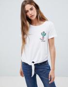 Sugar Dust Tie Front T Shirt With Cute As A Cactus Embroidery Detail - White