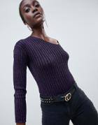 Asos Design Asymmetic Metallic Skinny Rib Sweater In Eco Yarn - Purple