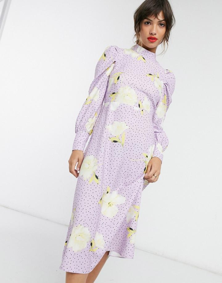 Closet London High Neck Midi Dress In Lilac Polka Dot Oversized Floral-purple