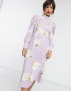 Closet London High Neck Midi Dress In Lilac Polka Dot Oversized Floral-purple