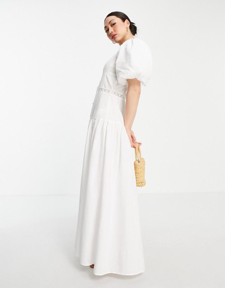 Asos Design Pintuck Maxi Dress With Lace Insert In White