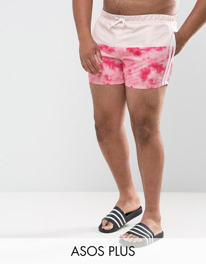 Asos Plus Festival Swim Shorts With Pink Tie Dye Panel And Side Stripes In Short Length - Pink
