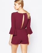 Love Split Back Romper With Bell Sleeves - Wine