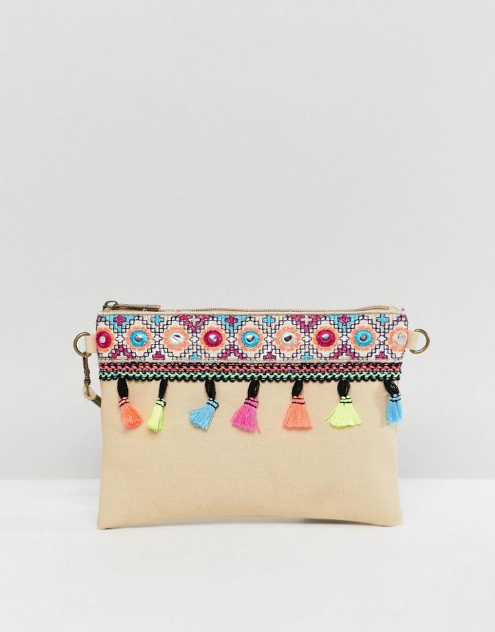 South Beach Natural Beach Clutch With Tassle Mirror Deatil And Removeable Strap - Multi