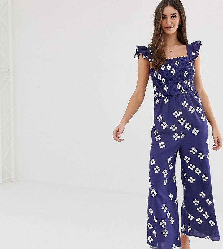 Asos Design Tall Shirred Frill Sleeve Jumpsuit In Polka Dot-multi