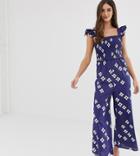 Asos Design Tall Shirred Frill Sleeve Jumpsuit In Polka Dot-multi