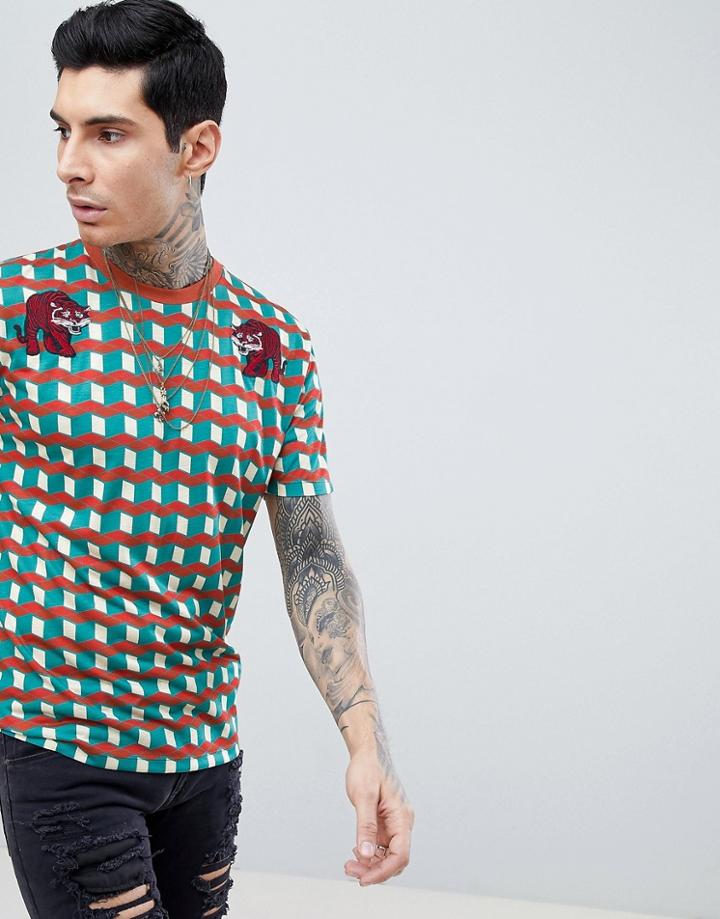Asos Design Relaxed Longline T-shirt With All Over Cube Print And Tiger Embroidery - Multi